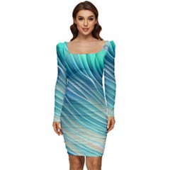 Pastel Ocean Waves Women Long Sleeve Ruched Stretch Jersey Dress by GardenOfOphir