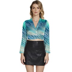 Pastel Ocean Waves Long Sleeve Tie Back Satin Wrap Top