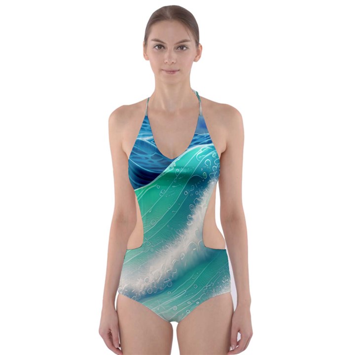 Beautiful Abstract Pastel Ocean Waves Cut-Out One Piece Swimsuit