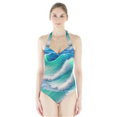 Beautiful Abstract Pastel Ocean Waves Halter Swimsuit by GardenOfOphir