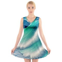 Beautiful Abstract Pastel Ocean Waves V-neck Sleeveless Dress by GardenOfOphir