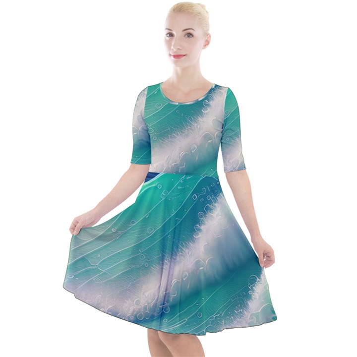 Beautiful Abstract Pastel Ocean Waves Quarter Sleeve A-Line Dress