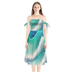 Beautiful Abstract Pastel Ocean Waves Shoulder Tie Bardot Midi Dress by GardenOfOphir