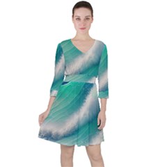 Beautiful Abstract Pastel Ocean Waves Quarter Sleeve Ruffle Waist Dress by GardenOfOphir