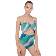 Beautiful Abstract Pastel Ocean Waves Scallop Top Cut Out Swimsuit by GardenOfOphir