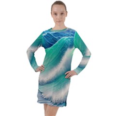 Beautiful Abstract Pastel Ocean Waves Long Sleeve Hoodie Dress