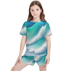 Beautiful Abstract Pastel Ocean Waves Kids  Tee And Sports Shorts Set by GardenOfOphir