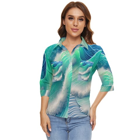 Beautiful Abstract Pastel Ocean Waves Women s Quarter Sleeve Pocket Shirt by GardenOfOphir