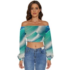 Beautiful Abstract Pastel Ocean Waves Long Sleeve Crinkled Weave Crop Top