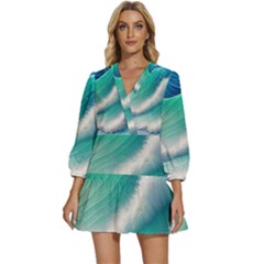 Beautiful Abstract Pastel Ocean Waves V-neck Placket Mini Dress by GardenOfOphir