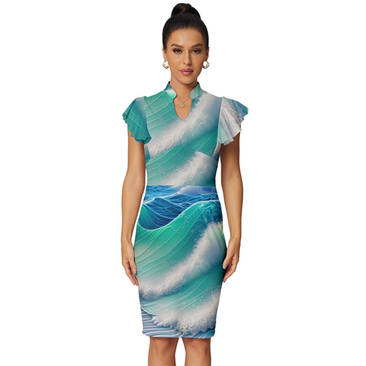 Beautiful Abstract Pastel Ocean Waves Vintage Frill Sleeve V-Neck Bodycon Dress