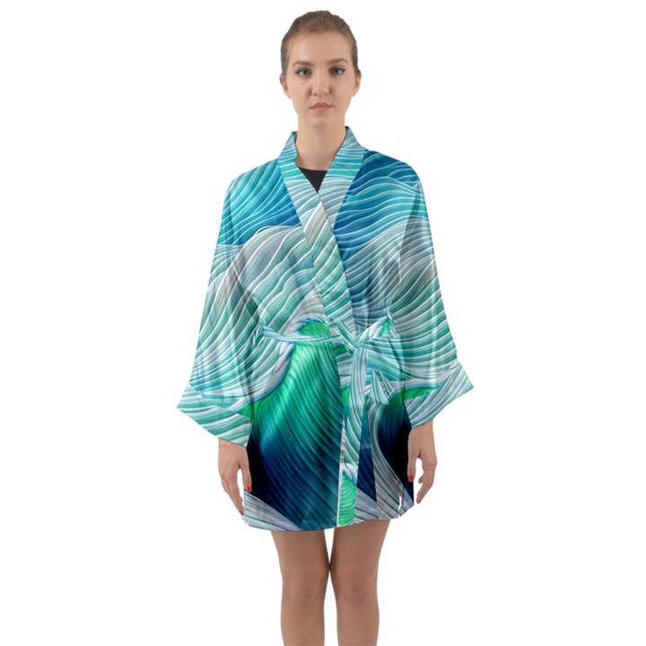 Pastel Abstract Waves Pattern Long Sleeve Satin Kimono