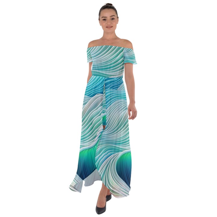 Pastel Abstract Waves Pattern Off Shoulder Open Front Chiffon Dress