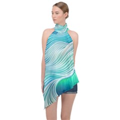 Pastel Abstract Waves Pattern Halter Asymmetric Satin Top by GardenOfOphir