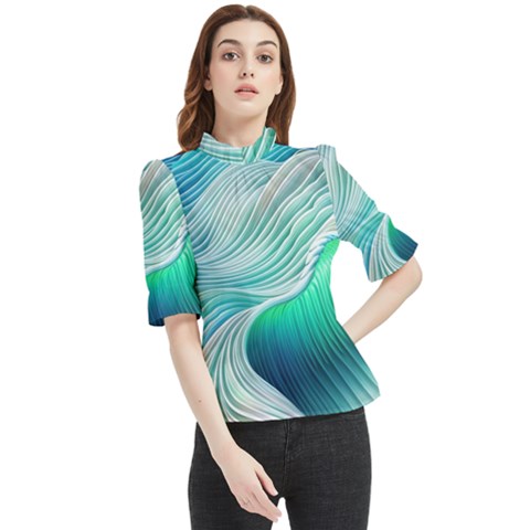 Pastel Abstract Waves Pattern Frill Neck Blouse by GardenOfOphir