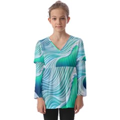 Pastel Abstract Waves Pattern Kids  V Neck Casual Top by GardenOfOphir