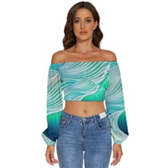 Pastel Abstract Waves Pattern Long Sleeve Crinkled Weave Crop Top