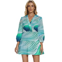 Pastel Abstract Waves Pattern V-neck Placket Mini Dress