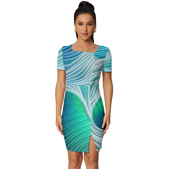 Pastel Abstract Waves Pattern Fitted Knot Split End Bodycon Dress