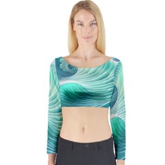 Pink Sky Blue Ocean Waves Long Sleeve Crop Top by GardenOfOphir