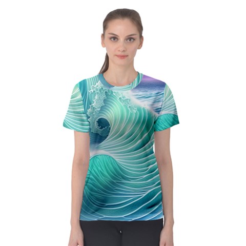 Pink Sky Blue Ocean Waves Women s Sport Mesh Tee by GardenOfOphir