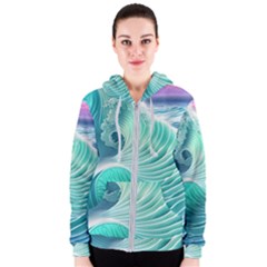 Pink Sky Blue Ocean Waves Women s Zipper Hoodie by GardenOfOphir