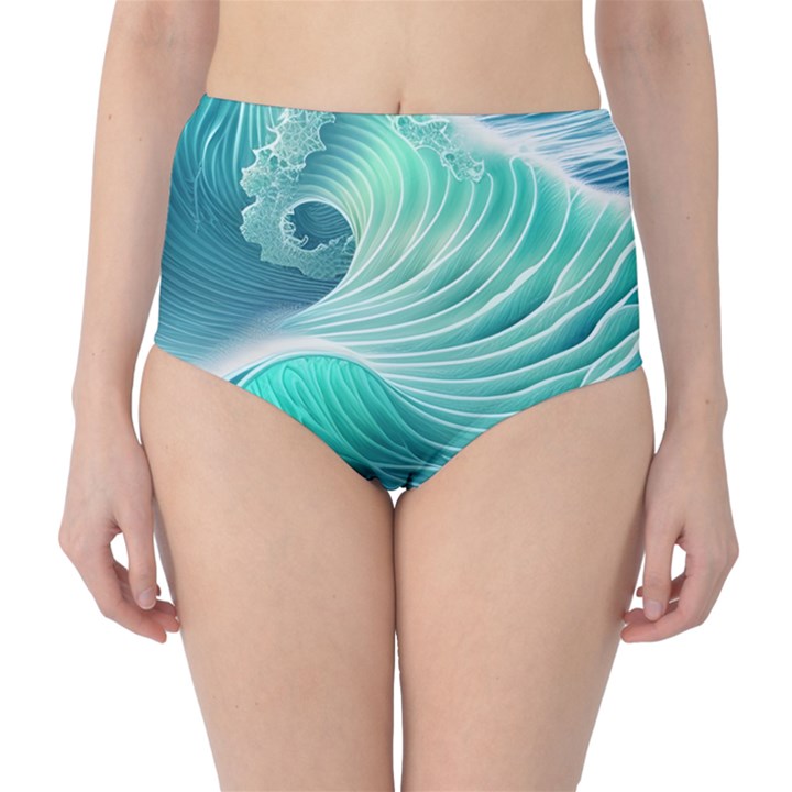 Pink Sky Blue Ocean Waves Classic High-Waist Bikini Bottoms