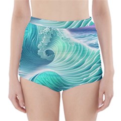 Pink Sky Blue Ocean Waves High-waisted Bikini Bottoms by GardenOfOphir