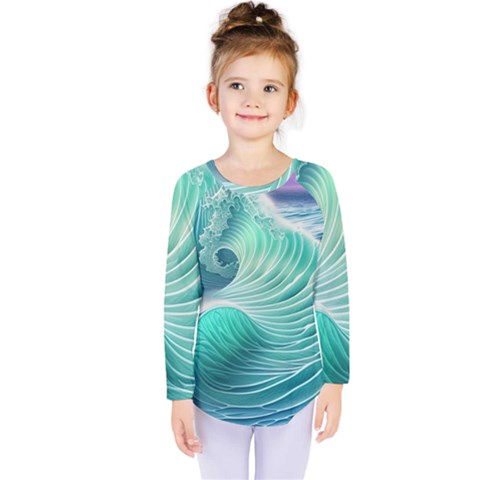 Pink Sky Blue Ocean Waves Kids  Long Sleeve Tee by GardenOfOphir