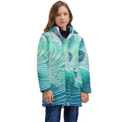 Pink Sky Blue Ocean Waves Kid s Hooded Longline Puffer Jacket by GardenOfOphir