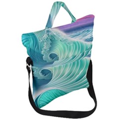 Pink Sky Blue Ocean Waves Fold Over Handle Tote Bag by GardenOfOphir