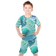 Pink Sky Blue Ocean Waves Kids  Tee And Shorts Set by GardenOfOphir