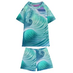 Pink Sky Blue Ocean Waves Kids  Swim Tee And Shorts Set by GardenOfOphir