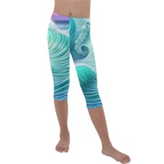 Pink Sky Blue Ocean Waves Kids  Lightweight Velour Capri Leggings  by GardenOfOphir