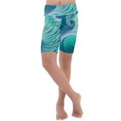 Pink Sky Blue Ocean Waves Kids  Lightweight Velour Cropped Yoga Leggings by GardenOfOphir