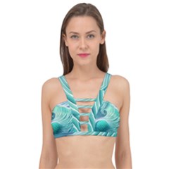 Pink Sky Blue Ocean Waves Cage Up Bikini Top by GardenOfOphir