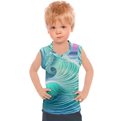 Pink Sky Blue Ocean Waves Kids  Sport Tank Top by GardenOfOphir