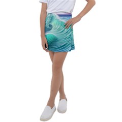 Pink Sky Blue Ocean Waves Kids  Tennis Skirt by GardenOfOphir