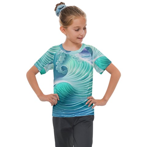 Pink Sky Blue Ocean Waves Kids  Mesh Piece Tee by GardenOfOphir