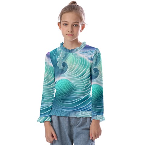 Pink Sky Blue Ocean Waves Kids  Frill Detail Tee by GardenOfOphir