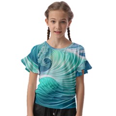 Pink Sky Blue Ocean Waves Kids  Cut Out Flutter Sleeves by GardenOfOphir