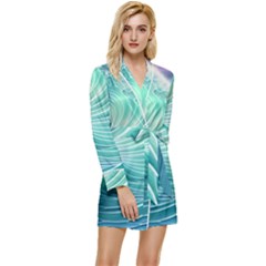 Pink Sky Blue Ocean Waves Long Sleeve Satin Robe by GardenOfOphir