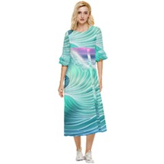 Pink Sky Blue Ocean Waves Double Cuff Midi Dress by GardenOfOphir