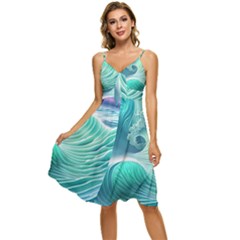 Pink Sky Blue Ocean Waves Sleeveless Tie Front Chiffon Dress