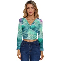 Pink Sky Blue Ocean Waves Long Sleeve V-neck Top