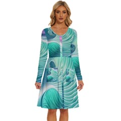 Pink Sky Blue Ocean Waves Long Sleeve Dress With Pocket by GardenOfOphir