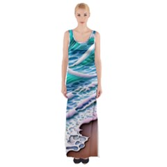 Shore Blue Ocean Waves Thigh Split Maxi Dress by GardenOfOphir