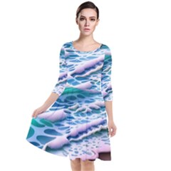 Shore Blue Ocean Waves Quarter Sleeve Waist Band Dress by GardenOfOphir