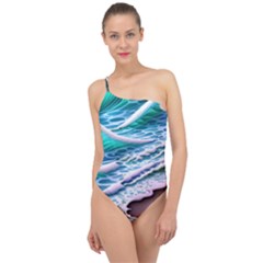 Shore Blue Ocean Waves Classic One Shoulder Swimsuit by GardenOfOphir