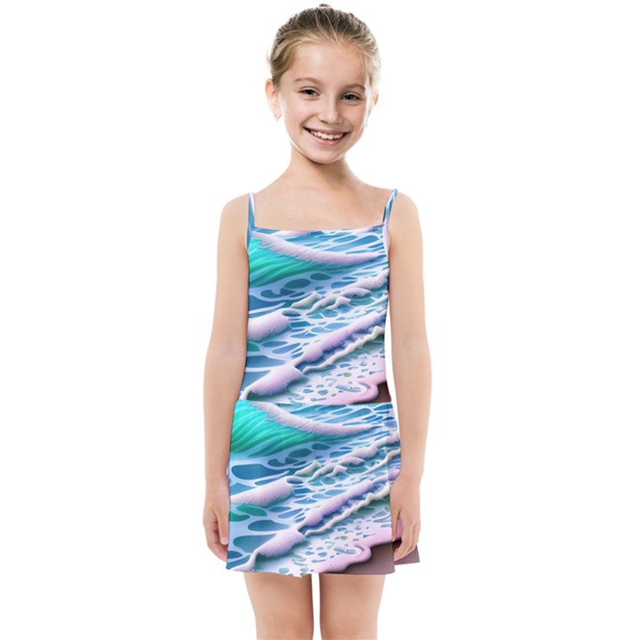 Shore Blue Ocean Waves Kids  Summer Sun Dress